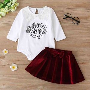 Winter Children Sets Casual Long Sleeve Print Letter Rompers Bow Claret Solid Skirt 2Pcs Girls Clothes 0-24M 210629