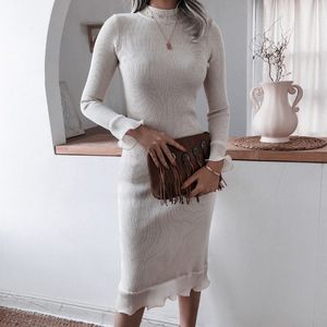 Sonbahar Kış elbisesi için gündelik dikiş fırfırlı uzun kollu örme kazak elbise kılıf kalça kazak ofisi bayan 210514