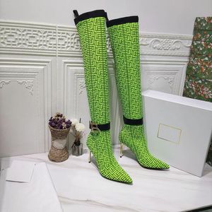 Women's high quality knee long boots fashion knitted embroidered inner layer real leather elastic boot show party highs heel 9.5cm luxury packaging 35-41