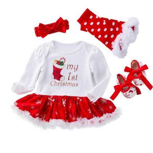 Baby Mädchen Weihnachtskleid Baumwolle 1. Geburtstag Body + Schuhe + Socken + Stirnband 4-teiliges Set Kleidung E2039 210610