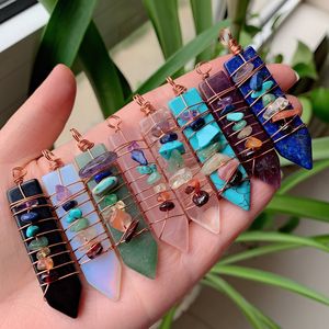 Cura de pedra natural pêndulo encantos fio envoltório 7 chakra pingente reiki amethysts lapis ponto espada forma rosa pingentes de cristal mulheres equilíbrio