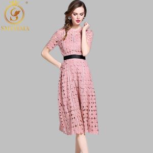 Arrivo Chic Splendido pizzo bianco rosa elegante scava fuori abito da donna moda manica corta abiti estivi 210520