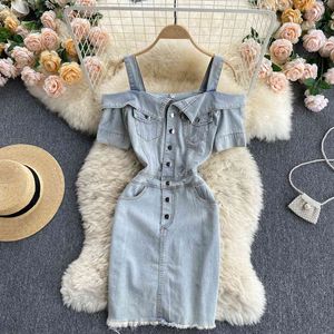 SINGREINY Vestito da donna con cinturino in denim retrò Abito coreano con spalle scoperte Manica corta Abiti slim Moda estiva Streetwear Abito corto 210419