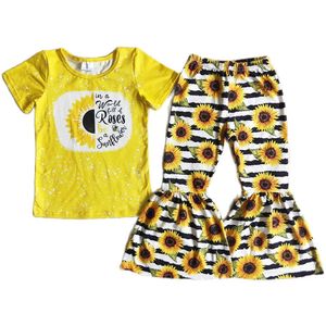 RTS Wholesale Kinder-Designer-Kleidungssets, Boutique-Baby-Kleidung für Mädchen, Sonnenblumen-Druck, Mädchen-Bell-Bottom-Outfits, Kinder-Outfit, Milchseide, Herbst