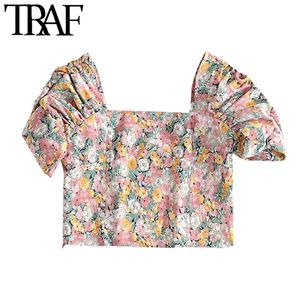 Traf Women Sweet Fashion Floral Print Cothed Bluzki Vintage kwadratowe kołnierzyki rękawy puchowe żeńskie koszule Blusas Chic Tops 210415