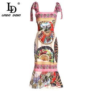 Мода взлетно-посадочная полоса летнее платье женские спагетти ремешок старинные цветочные печати сексуальная русалка на вечеринке 210522