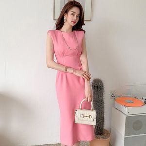 LLZACOOSH Women Pink Solid Pencil Dress Summer Sleeveless O-neck Mid-Calf Casual Office Lady Office Elegant Party Dress Ladies 210514