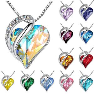 18K White Gold Plated Brithday Stone Crystal Heart Pendent Necklace for Women Charm Friendship Nice Wedding Bride Jewelry Gift