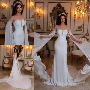 Fashion Beading Mermaid Wedding Dresses Sheer Bateau Neck Bridal Gowns Long Sleeves Sweep Train Chiffon Plus Size Vestido De Novia