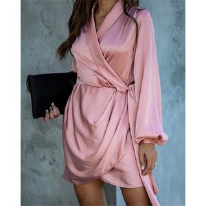 Foridol Lantern Sleeve Wrap Satin Dress Women Clothes Elegant V Neck Party Short Pink Dress Irregular Winter Night Dress 210415