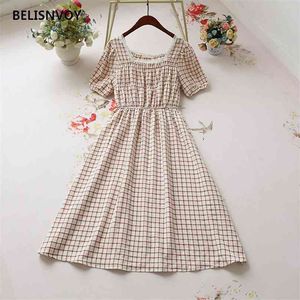 Lace Vintage Plaid Dresses Summer Women Square Collar Chic Elegant Ulzzang Feminine Short Sleeve Ruffles 210520