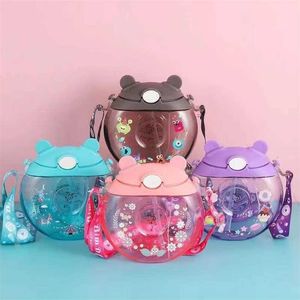 Donut Wasserflasche Strap Kinder Flaschen Spray 3D Dreidimensionale Reise Tragbare Nette Stroh Kawaii Tasse Anti Fall 211122