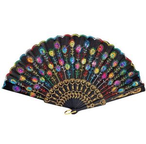 2021 Plastic Rib Embroidered Peacock Folding Flower Fan Lace Sequins Dancing Hand Fans Wedding Party Decoration Fans Spainish Fans