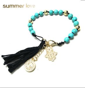 Turquoise gevlochten touw ketting kwastje hand palm hanger armband voor vrouwen mode natuursteen kralen armbanden Q2