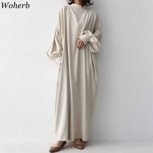 Japanese Style Casual Loose Maxi Dress Women Long Lantren Sleeve Shirt Dresses Vintage Robe Solid Vestido 210519