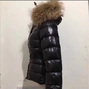 Feminino grande real pele de guaxinim com capuz casaco grosso quente duplo zíper fino com cinto jaqueta parkas à prova dwaterproof água preto/vinho vermelho tamanho 1234