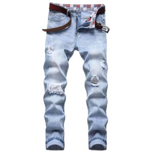 Designers homens roupas mens jeans solto multi buraco luz azul cintura não elástico pequeno calças retas250h