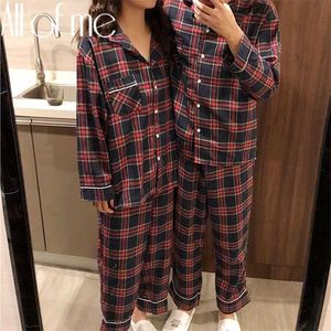 1SET GRID PAJAMAS زوجين باماس مجموعة أزياء ملابس المنزل للنساء للنساء الأزواج من القطن نوم للنساء PIJAMAS Mujer Home Suits 211215