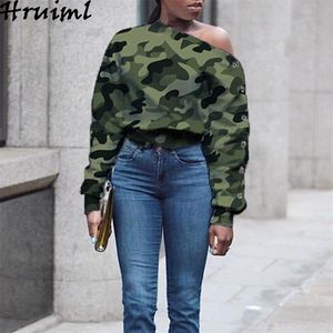 Fashion Blouses Fall Women Clothing Camouflage Print Long Sleeve One Shoulder Female Tops High Street Casual Plus Size 210513