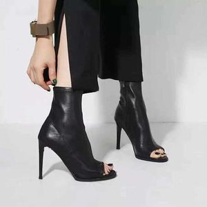Gladyatör Çizmeler Kadın Ayakkabı Yüksek Topuklu Siyah Ayak Bileği Çizmeler Yaz Sandalet Kadınlar Fermuar Peep Toe Kısa Çizmeler PU Deri Bayanlar Ayakkabı Y0914