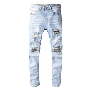 Мужчины Slim Fit Jeans Skinny Blue Мотоцикл Байкер Джинсовые Брюки Хлопок Джин Уничтожил Мужская Одежда Одежда Друждает Двиды Хип-Хоп Повседневная Брюки 699