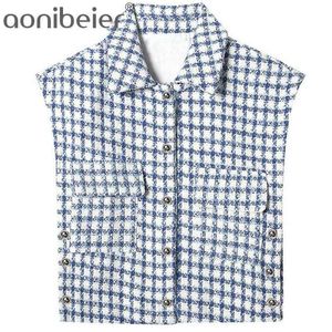 Spring Summer Sleeveless Single Breasted Women Textured Checked Jacket Outerwear Lapel Collar Female Casual Plaid Tops 210604