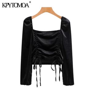 Women Sexy Fashion Drawstring Tied Velvet Cropped Blouses Sqaure Collar Long Sleeve Female Shirts Chic Top 210420