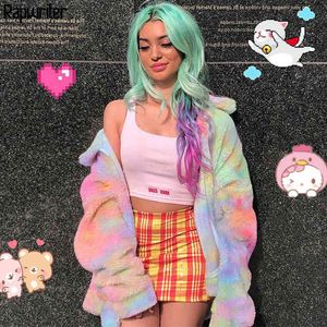 Rapwriter Tie Dye Turn-down Collar Faux Fur Coat Women Loose Fashion Colorful Coat Female High Quality Warm Overcoat Zipper 210415