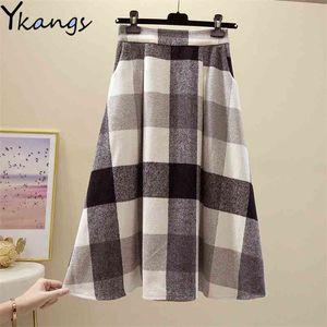 Winter Warm Thickn Vintage Wool Plaid Skirt Women Plus Size High Waist Long Korean Elegant Good Quality Office Lady s 210421