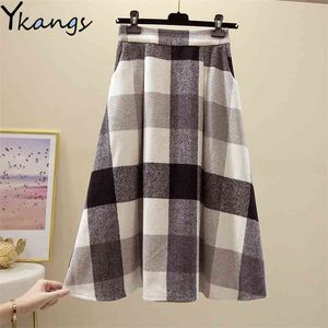 Vinter varm tjockn vintageull plaid kjol kvinnor plus storlek hög midja lång koreansk elegant god kvalitet kontor lady s 210421