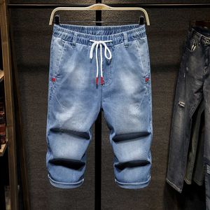 4xL 5XL 6XL 7XL PLUS Размер легкой растягивающей джинсовой ткани обрезанные брюки лето классический стиль молодежь мужчины эластичные талии гарема джинсы 210531
