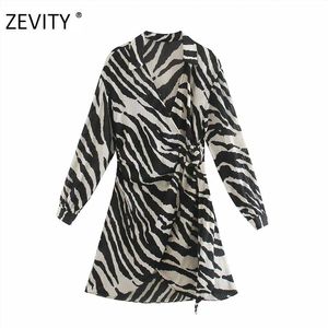 ZEVITY women vintage animal texture print sashes mini dress female batwing sleeve kimono vestido chic casual slim dresses DS4266 210623