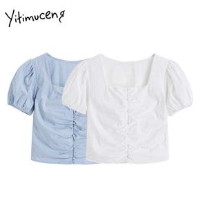 Yitimuceng Ruched Blouse Women T Shirts Puff Sleeve Square Collar Unicolor Vit Ljus Blå Sommar Koreanska Mode Toppar 210601