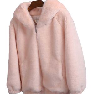 Зимняя корейская версия свободного имитации норки женщины с капюшоном куртка сплошной цвет толстая молния теплые карманные сладкие девушки пальто 211220