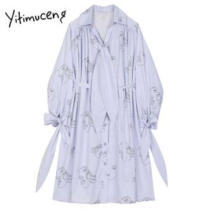 Yitimuceng Bow Lace Up Print Dresses for Women Spring Fashion Turn-down Collar Loose Waist Office Lady Casual Clothing 210601