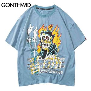 Hip Hop Camisetas Streetwear Fogo Chama Crânio Punk Rock T-shirt T-shirt Homens Harajuku Hipster Manga Curta Algodão Tops 210602