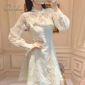 Primavera verão estilo chinês mulheres festa de manga longa vintage branco laço bordado mini vestido 210415