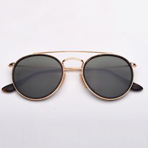 Moda Yuvarlak Güneş Gözlüğü Çift Köprü Erkek Sunglass Pumk Güneş Gözlükleri UV Koruma Cam Lensler Vintage Gözlük Erkek Kadın Için Deri Kılıf