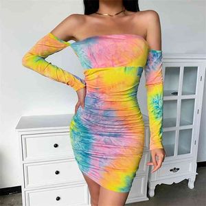 tie-dyed Plus Size Print Summer Evening Vintage Dresses Mini Party Bodycon Long Sleeve Beach Women Dress Robe Vestido Prom 210417