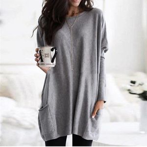 Oufisun Jesień Winter Fashion O-Neck Długi Rękaw Pullover Koszulka Solidna Kolor Kieszenie Luźne Dorywcze Topy Damskie Koszulki 210517