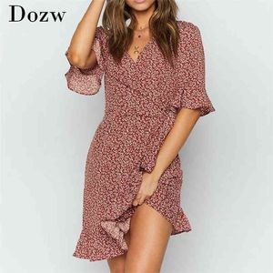 Women Elegant Ruffles Wrap Mini Dresses Floral Print V Neck Boho A Line Short Sleeve Party Summer Sundress 210515