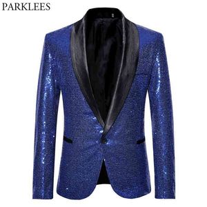 Royal Blue One Button Shawl Collar Sequin Suit Jacket Men Nightclub Party Prom Suits&Blazer Mens DJ Stage Clothers for Singers 210522