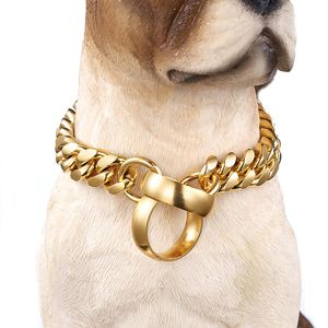 Golden Cuban Pet Chain Halsband 15mm 316L Stainless Steel Dog Collar Bulldog Teddy Corgi Husdjur Krage