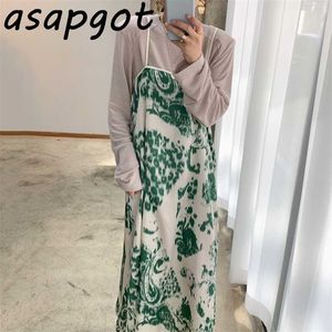 Korean Chic Autumn Retro Halo Dye Printed Spaghetti Strap Dress Loose O Neck Tshirts Women Solid Cotton Top Long Sleeve 211109