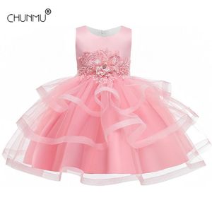 Flor meninas vestidos para festa casamento elegante laço bordado princesa sem mangas tutu vestido roupas 210508