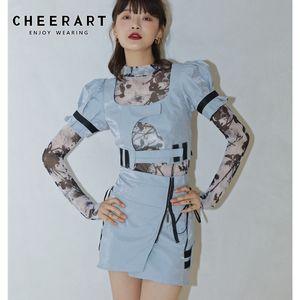 Blue Grey Puff Sleeve Crop Top Magic Tape Sexy Cosplay Square Neck Women Tops And Blouses Summer Japan Style Clothing 210427