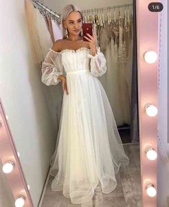 Off Shoulder Wedding Dress 2021 Lantern Long Sleeve Point Net Tulle White Cheap Bridal Gowns A-Line Floor Length Women