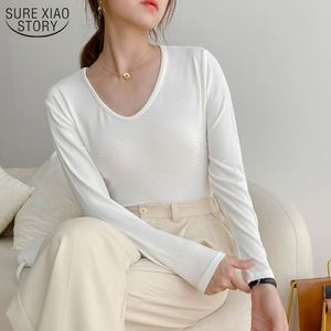 Äldre kontor Lady Style T Shirts Kvinnor Koreansk Fashion Långärmad Top Kvinna Höstkläder Solid Slims Blus 11877 210508