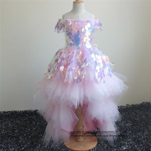 2021 Pretty Princess Pink Paillettes Bateau Abiti da ragazza di fiore Hi-Lo Tulle Lace Up Ragazze Abito da spettacolo Comunione per matrimonio Festa formale F09