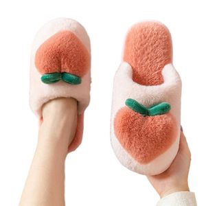 For Home Fruit Peach Slippers Sweet Fulffy Fur Winter Warm Indoor Floor Shoes Non-Slip Comfy Women 210626